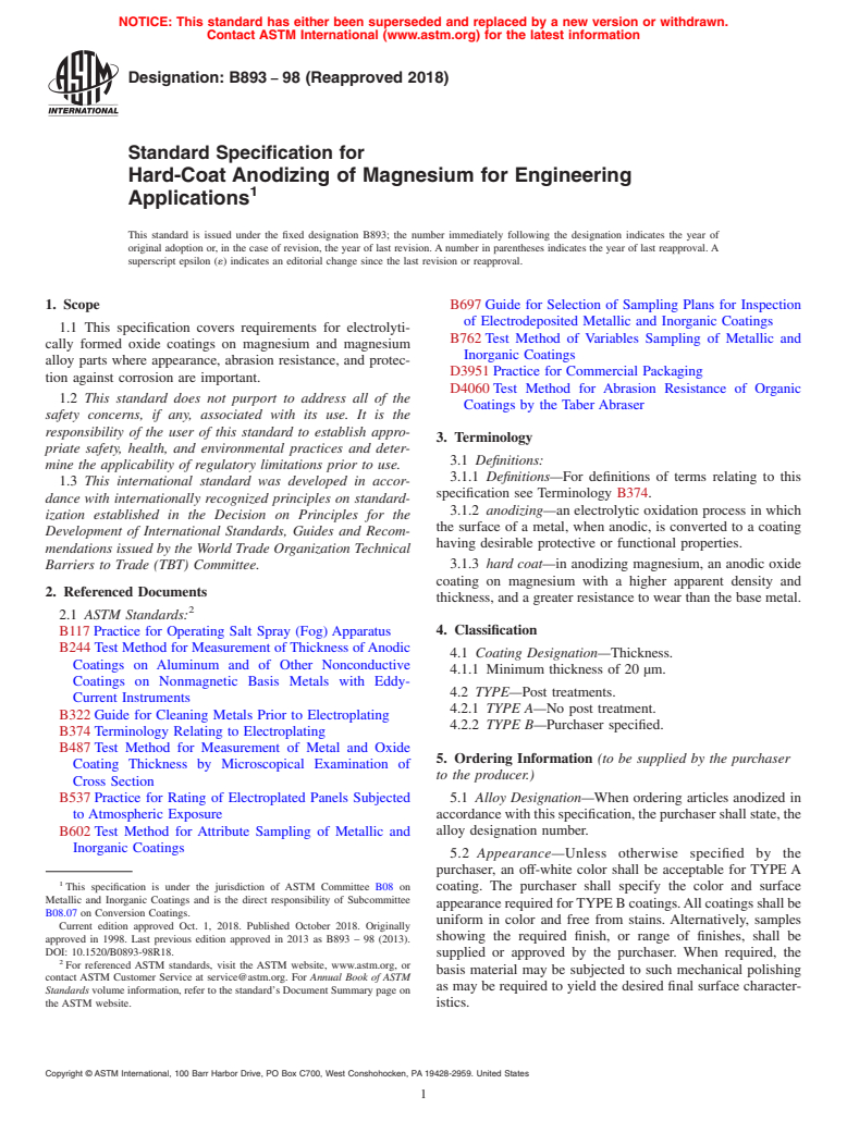 ASTM B893-98(2018) - Standard Specification for  Hard-Coat Anodizing of Magnesium for Engineering Applications