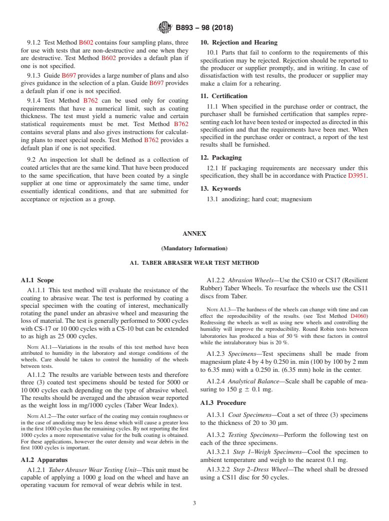 ASTM B893-98(2018) - Standard Specification for  Hard-Coat Anodizing of Magnesium for Engineering Applications