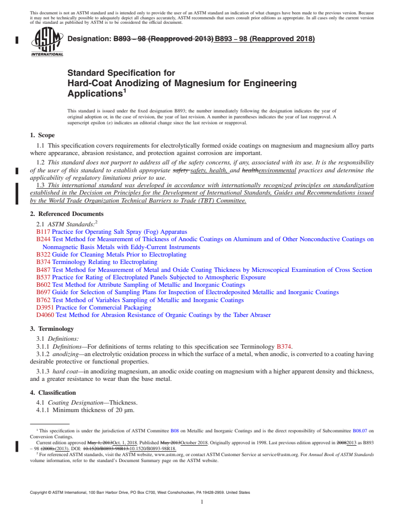 REDLINE ASTM B893-98(2018) - Standard Specification for  Hard-Coat Anodizing of Magnesium for Engineering Applications