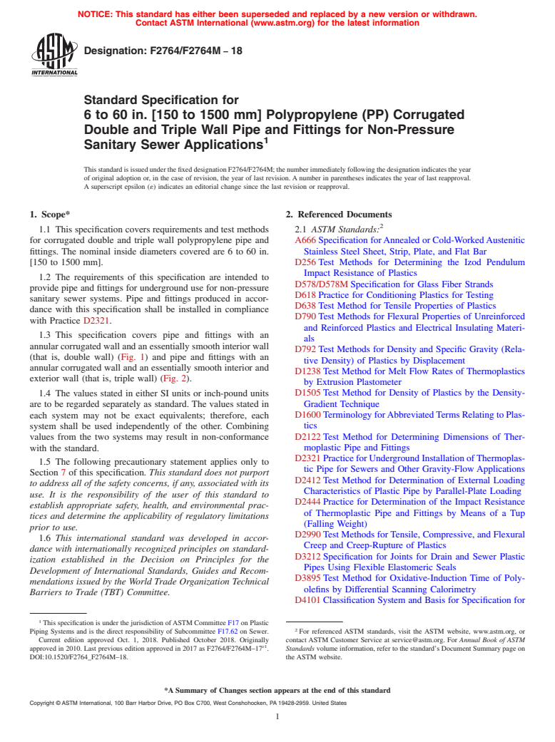 ASTM F2764/F2764M-18 - Standard Specification for  6 to 60 in. [150 to 1500 mm] Polypropylene (PP) Corrugated  Double and Triple Wall  Pipe and Fittings for Non-Pressure Sanitary  Sewer Applications