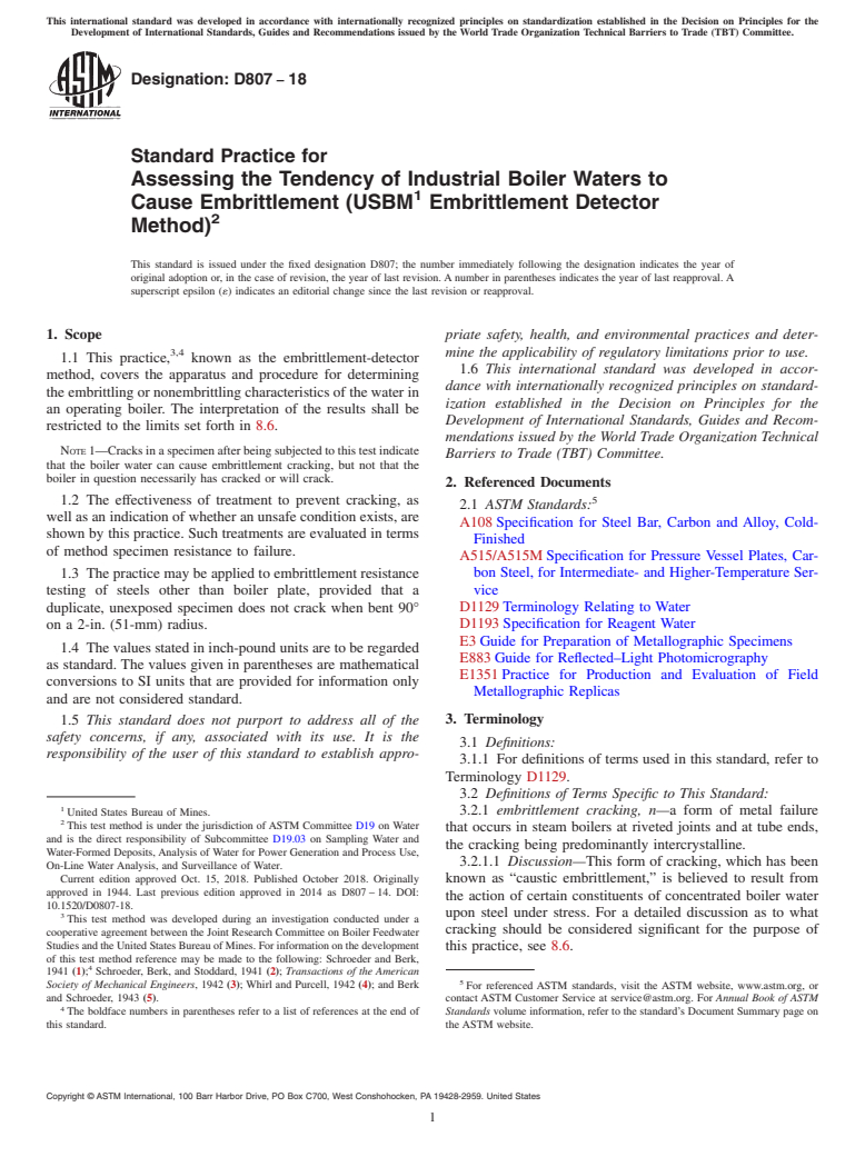ASTM D807-18 - Standard Practice for  Assessing the Tendency of Industrial Boiler Waters to Cause  Embrittlement (USBM Embrittlement Detector Method)