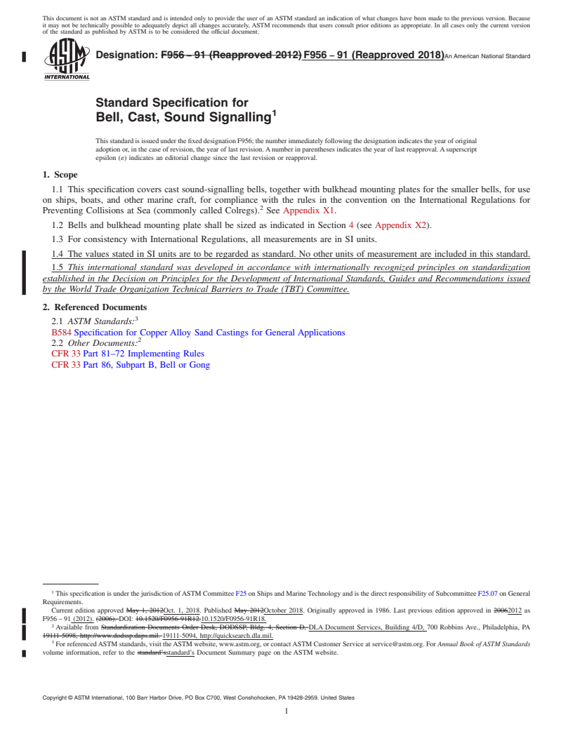 REDLINE ASTM F956-91(2018) - Standard Specification for  Bell, Cast, Sound Signalling