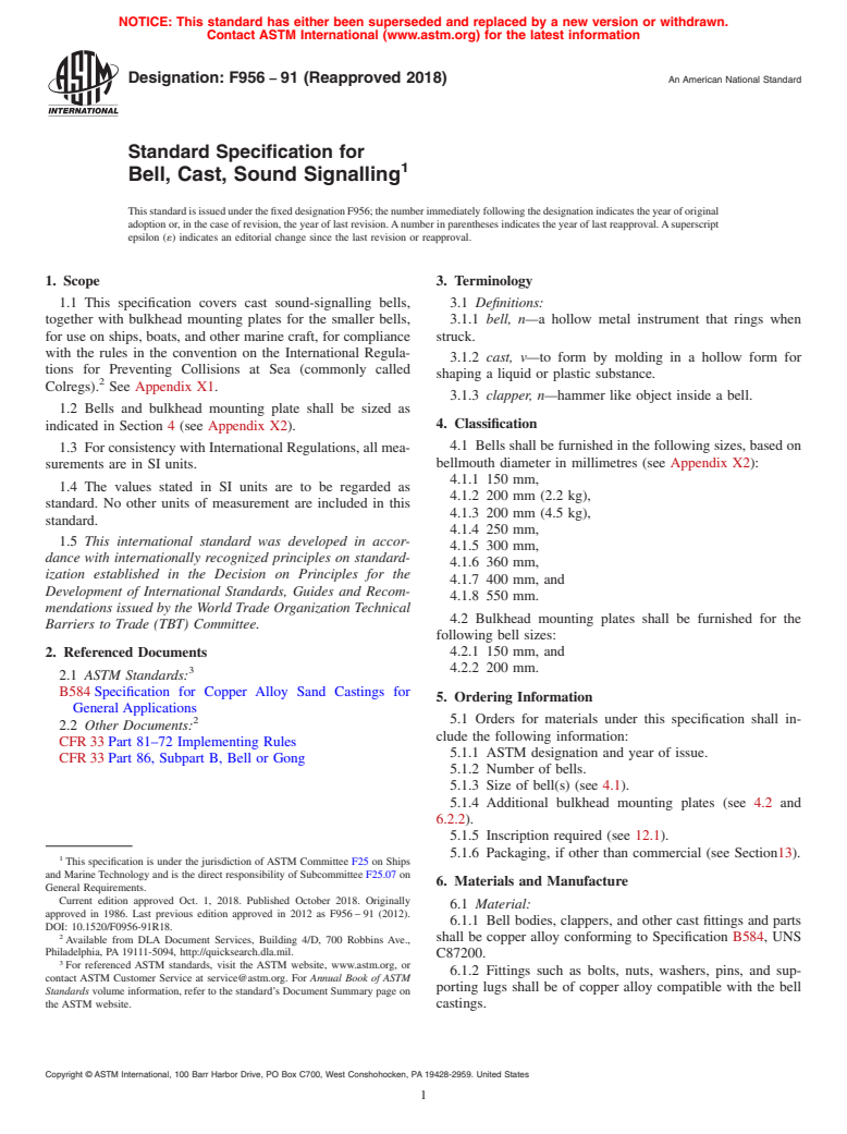 ASTM F956-91(2018) - Standard Specification for  Bell, Cast, Sound Signalling