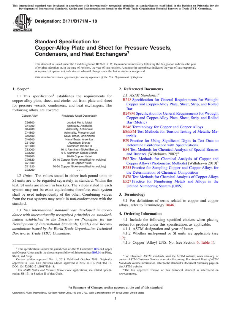 ASTM B171/B171M-18 - Standard Specification for Copper-Alloy Plate and Sheet for Pressure Vessels, Condensers,   and Heat Exchangers