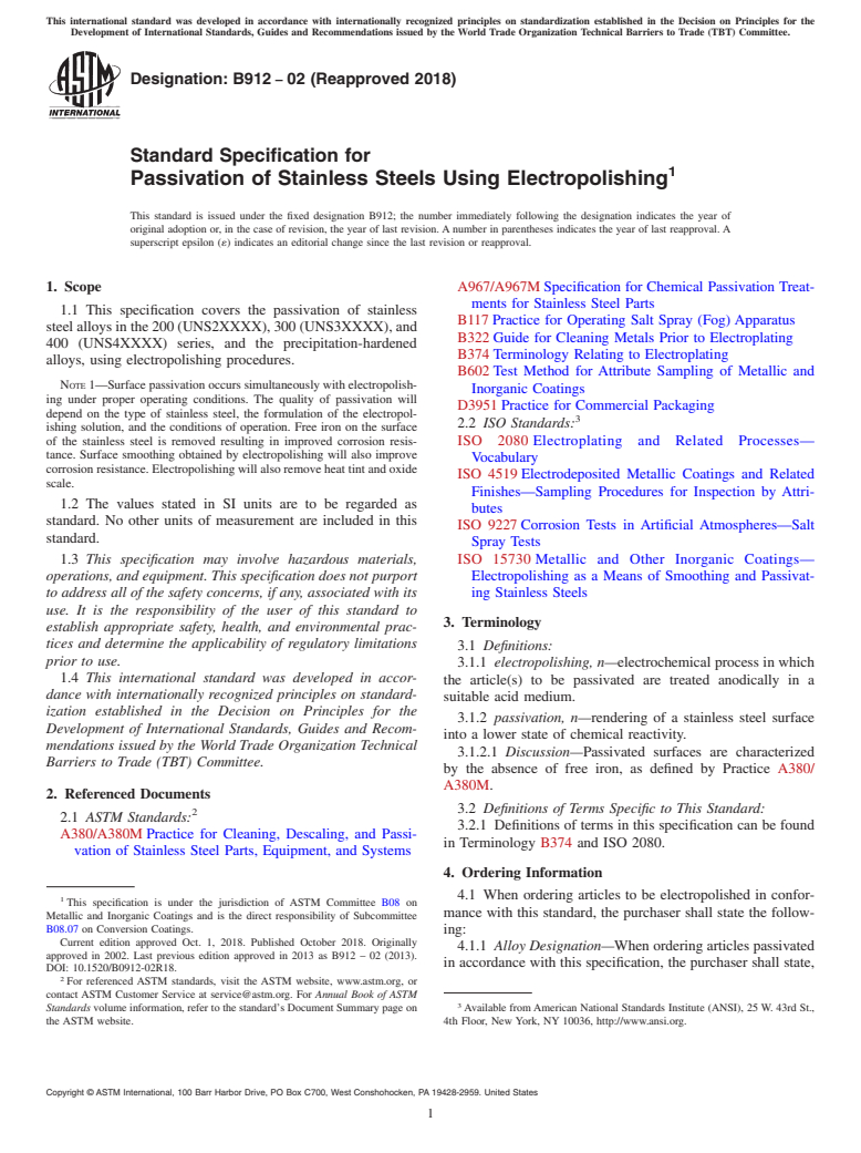 ASTM B912-02(2018) - Standard Specification for Passivation of Stainless Steels Using Electropolishing