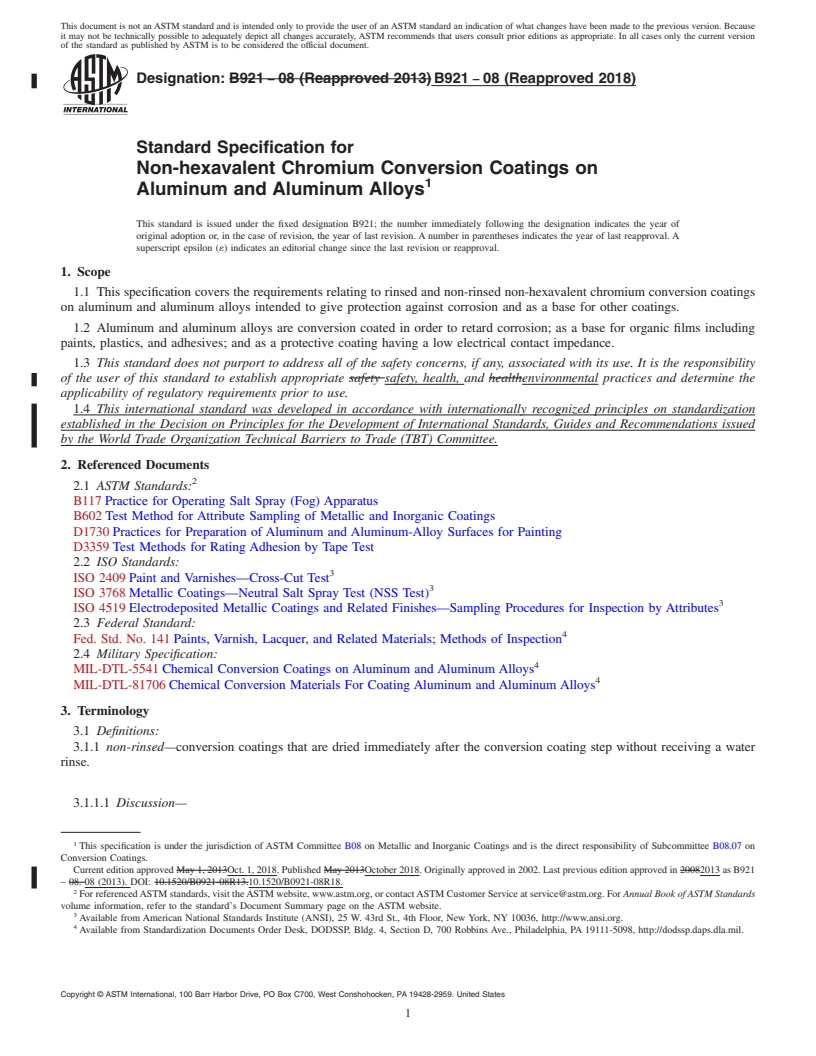 REDLINE ASTM B921-08(2018) - Standard Specification for Non-hexavalent Chromium Conversion Coatings on Aluminum and   Aluminum Alloys