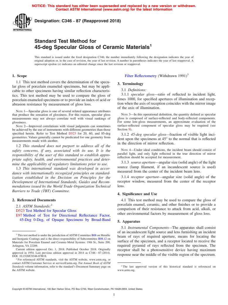 ASTM C346-87(2018) - Standard Test Method for  45-deg Specular Gloss of Ceramic Materials (Withdrawn 2023)