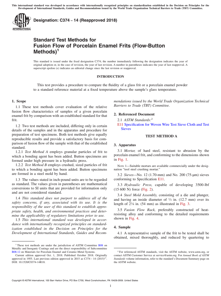 ASTM C374-14(2018) - Standard Test Methods for  Fusion Flow of Porcelain Enamel Frits (Flow-Button Methods)