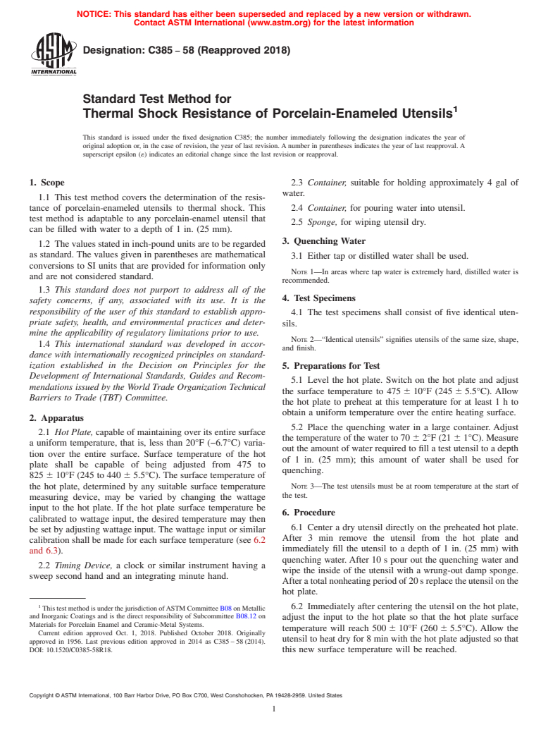 ASTM C385-58(2018) - Standard Test Method for  Thermal Shock Resistance of Porcelain-Enameled Utensils