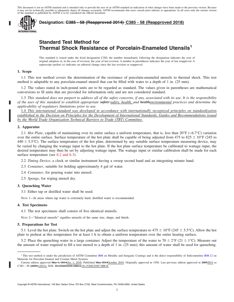 REDLINE ASTM C385-58(2018) - Standard Test Method for  Thermal Shock Resistance of Porcelain-Enameled Utensils