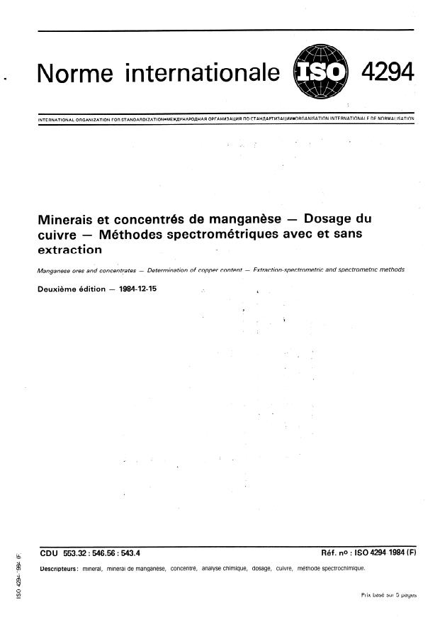 ISO 4294:1984 - Minerais et concentrés de manganese -- Dosage du cuivre -- Méthodes spectrométriques avec et sans extraction