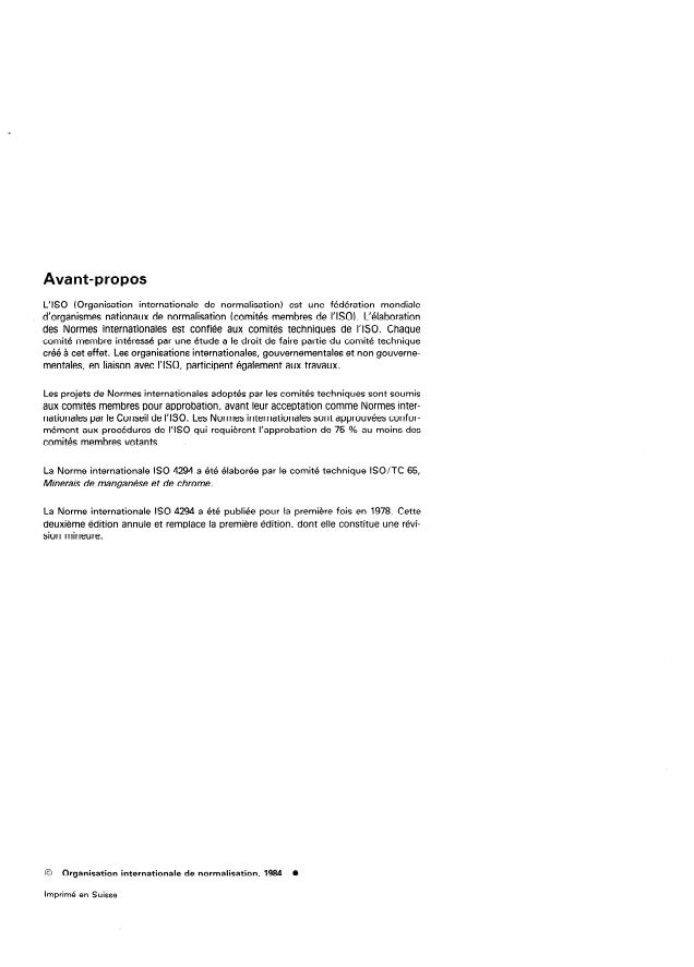 ISO 4294:1984 ISO 4294:1984 - Minerais et concentrés de manganese -- Dosage du cuivre -- Méthodes spectrométriques avec et sans extraction - Page 2 preview