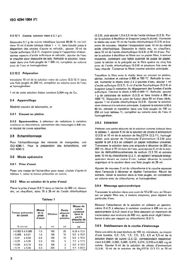 ISO 4294:1984 ISO 4294:1984 - Minerais et concentrés de manganese -- Dosage du cuivre -- Méthodes spectrométriques avec et sans extraction - Page 4 preview