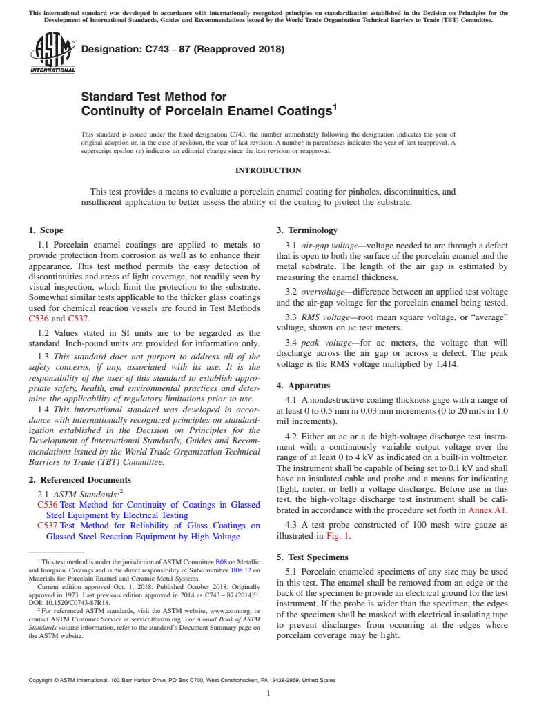 ASTM C743-87(2018) - Standard Test Method for  Continuity of Porcelain Enamel Coatings