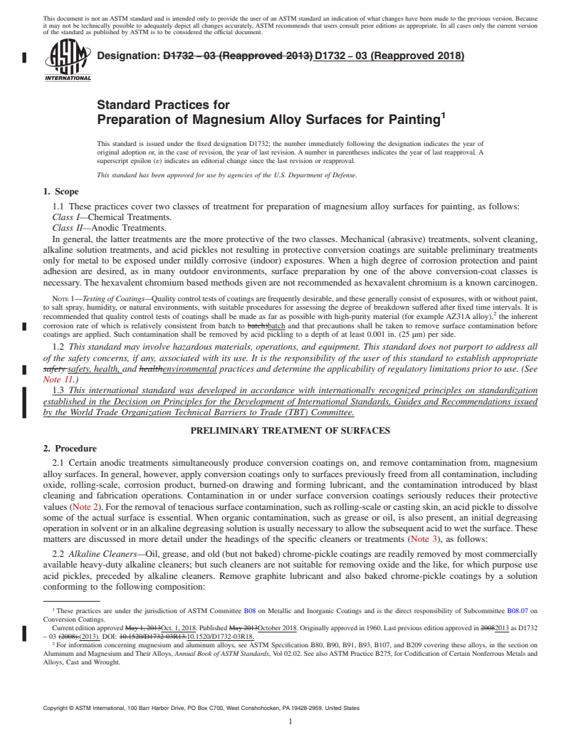 REDLINE ASTM D1732-03(2018) - Standard Practices for Preparation of Magnesium Alloy Surfaces for Painting