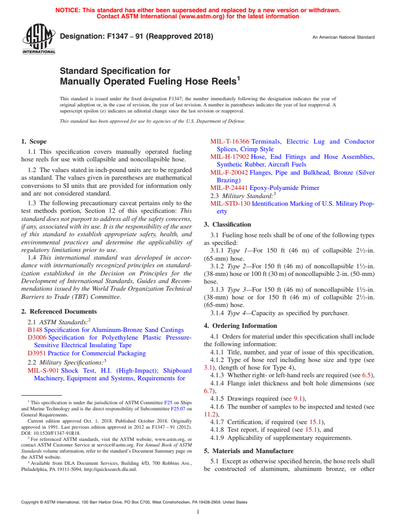 ASTM F1347-91(2018) - Standard Specification for  Manually Operated Fueling Hose Reels