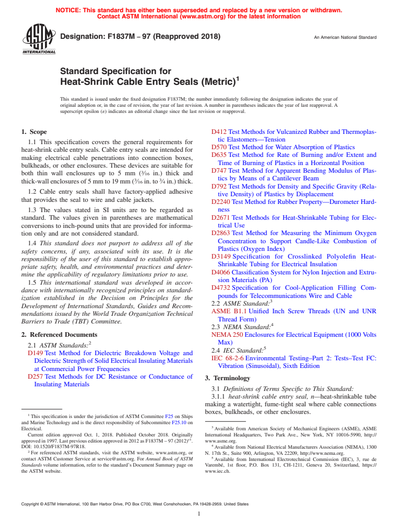 ASTM F1837M-97(2018) - Standard Specification for  Heat-Shrink Cable Entry Seals (Metric)