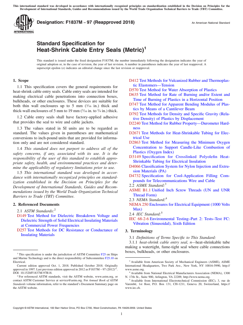 ASTM F1837M-97(2018) - Standard Specification for  Heat-Shrink Cable Entry Seals (Metric)