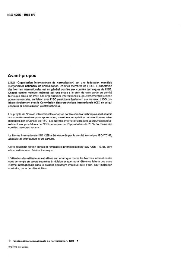 ISO 4295:1988 ISO 4295:1988 - Minerais et concentrés de manganese -- Dosage de l'aluminium -- Méthodes photométrique et gravimétrique - Page 2 preview