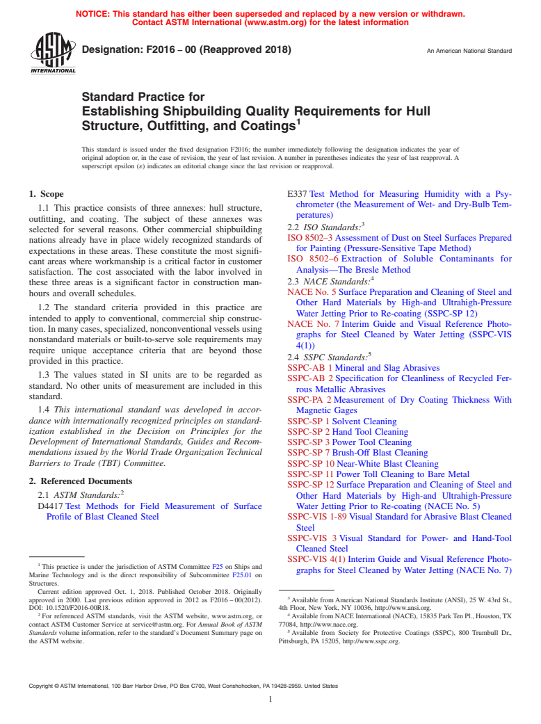 ASTM F2016-00(2018) - Standard Practice for  Establishing Shipbuilding Quality Requirements for Hull Structure,  Outfitting, and Coatings
