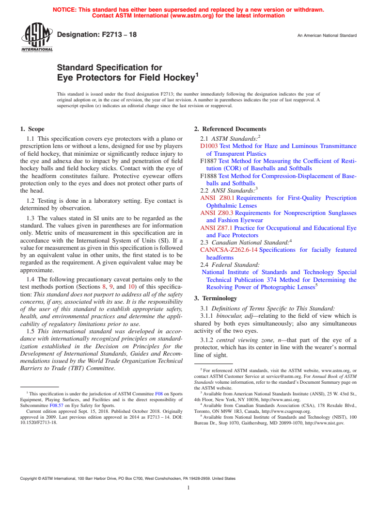 ASTM F2713-18 - Standard Specification for Eye Protectors for Field Hockey