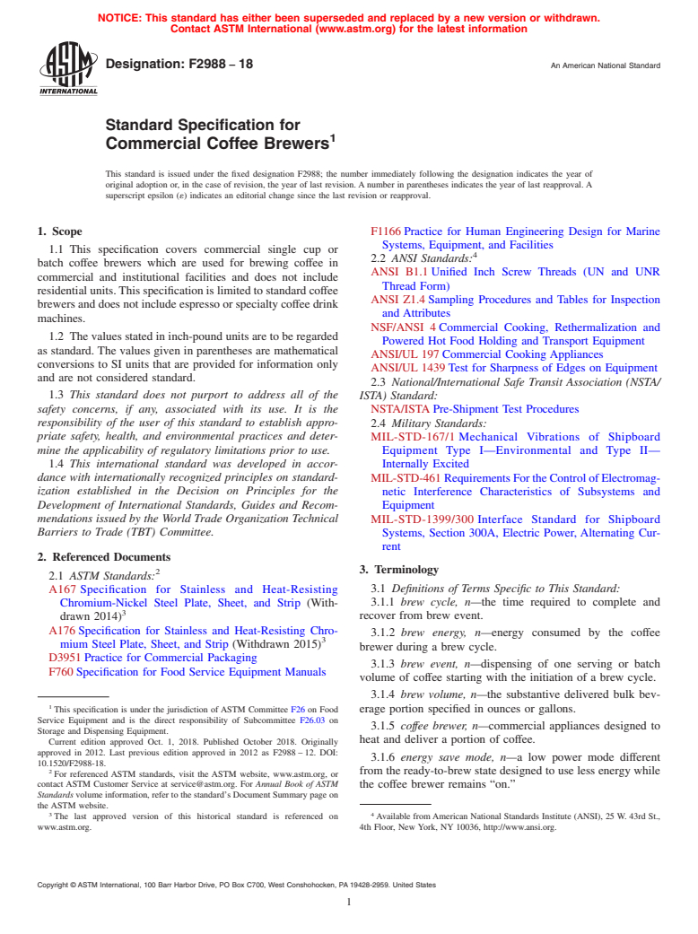 ASTM F2988-18 - Standard Specification for Commercial Coffee Brewers