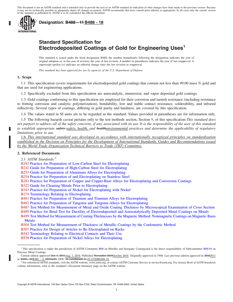 REDLINE ASTM B488-18 - Standard Specification for  Electrodeposited Coatings of Gold for Engineering Uses