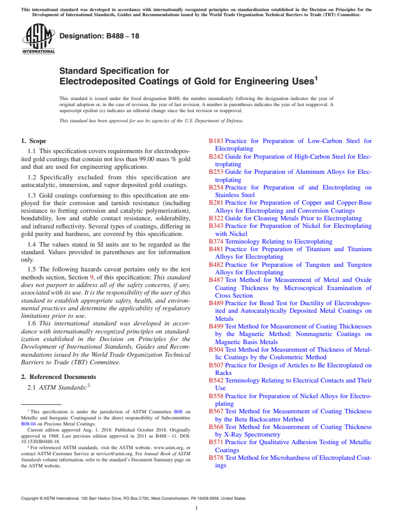 ASTM B488-18 - Standard Specification for  Electrodeposited Coatings of Gold for Engineering Uses