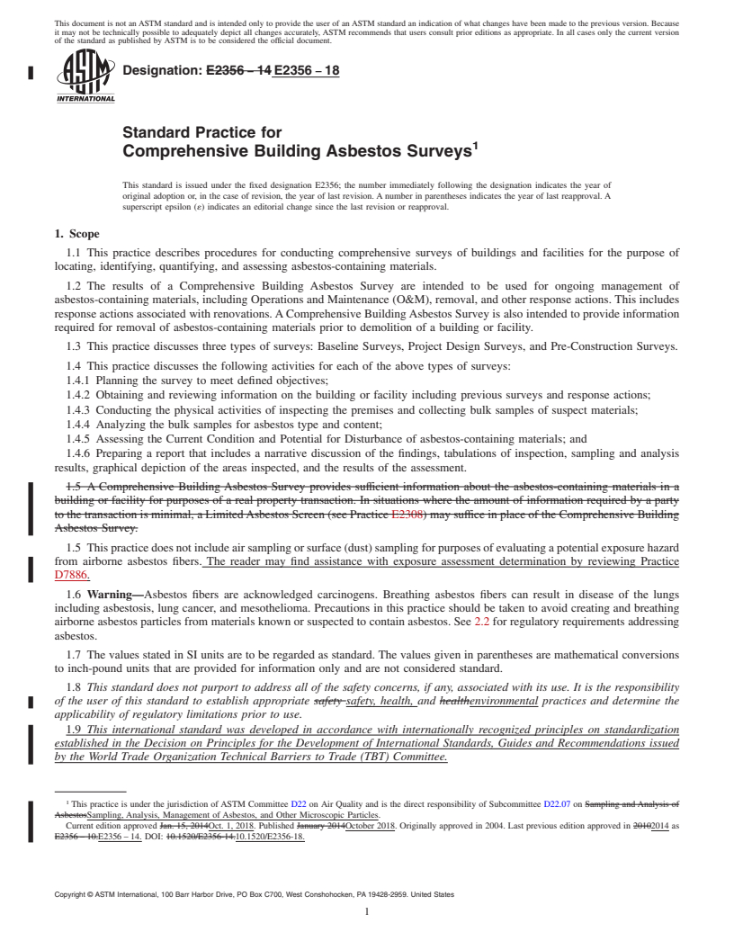 REDLINE ASTM E2356-18 - Standard Practice for  Comprehensive Building Asbestos Surveys