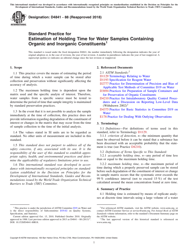 ASTM D4841-88(2018) - Standard Practice for  Estimation of Holding Time for Water Samples Containing Organic  and Inorganic Constituents