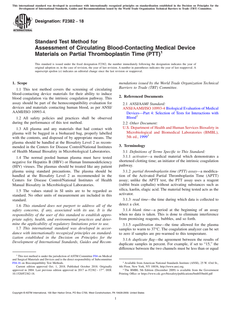 ASTM F2382-18 - Standard Test Method for Assessment of Circulating Blood-Contacting Medical Device Materials  on Partial Thromboplastin Time (PTT)