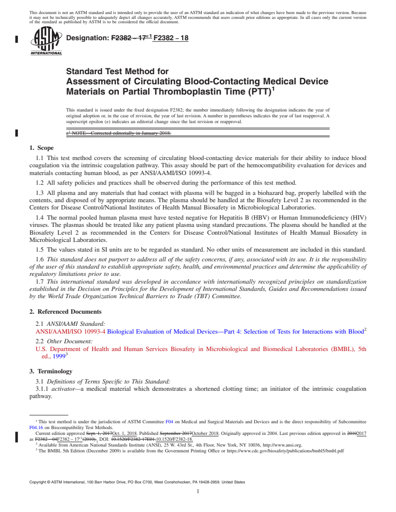REDLINE ASTM F2382-18 - Standard Test Method for Assessment of Circulating Blood-Contacting Medical Device Materials  on Partial Thromboplastin Time (PTT)