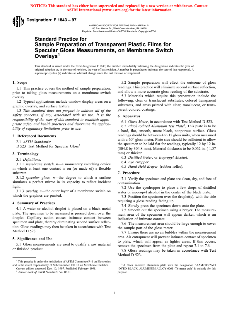 ASTM F1843-97 - Standard Practice for Sample Preparation of Transparent Plastic Films for Specular Gloss Measurements, on Membrane Switch Overlays