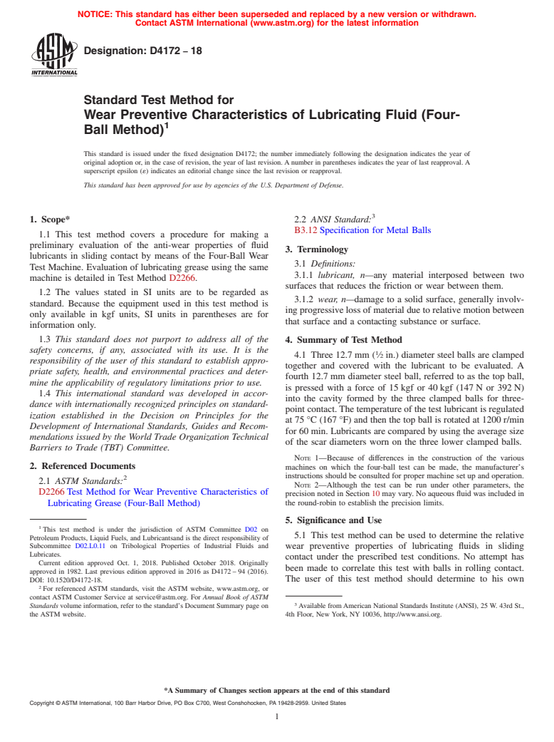 ASTM D4172-18 - Standard Test Method for  Wear Preventive Characteristics of Lubricating Fluid (Four-Ball   Method)