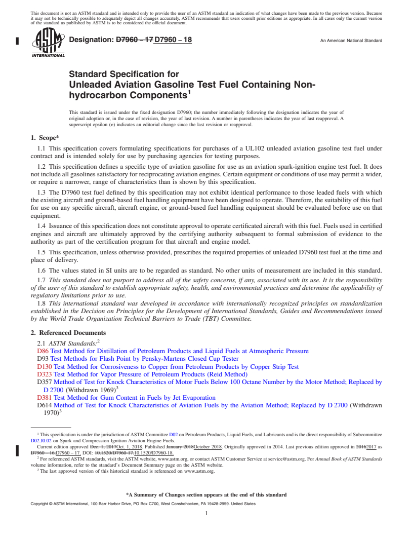 REDLINE ASTM D7960-18 - Standard Specification for Unleaded Aviation Gasoline Test Fuel Containing Non-hydrocarbon  Components