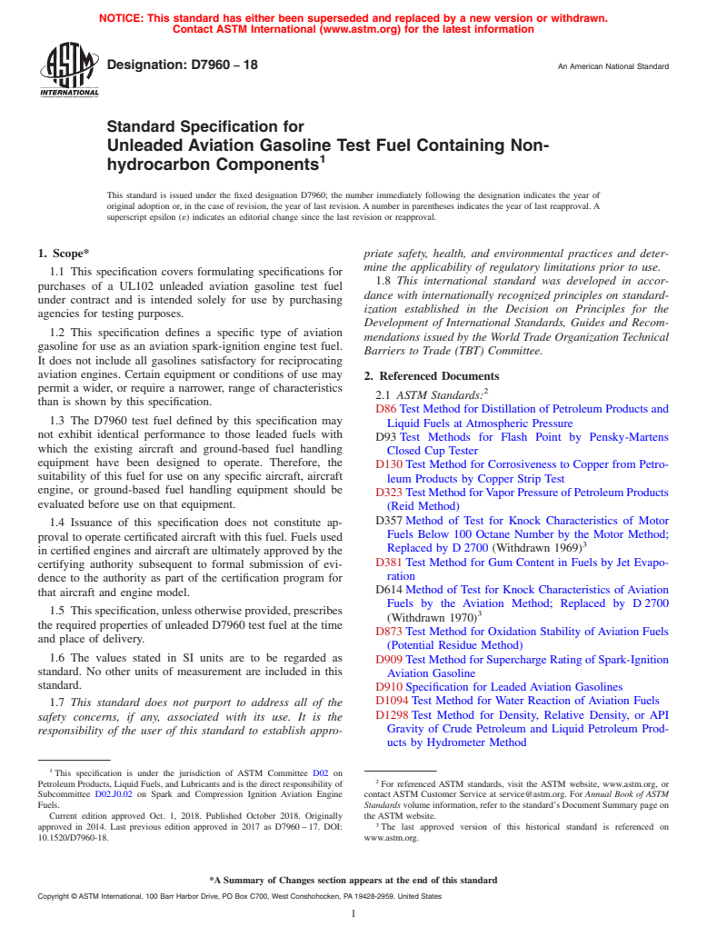 ASTM D7960-18 - Standard Specification for Unleaded Aviation Gasoline Test Fuel Containing Non-hydrocarbon  Components