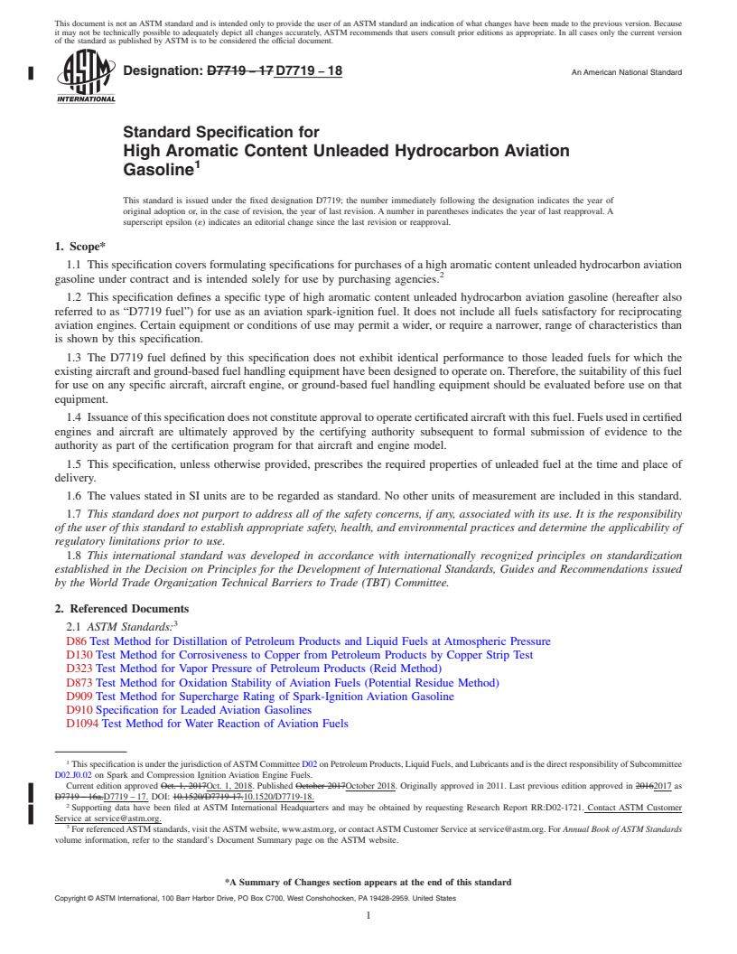 REDLINE ASTM D7719-18 - Standard Specification for  High Aromatic Content Unleaded Hydrocarbon Aviation Gasoline