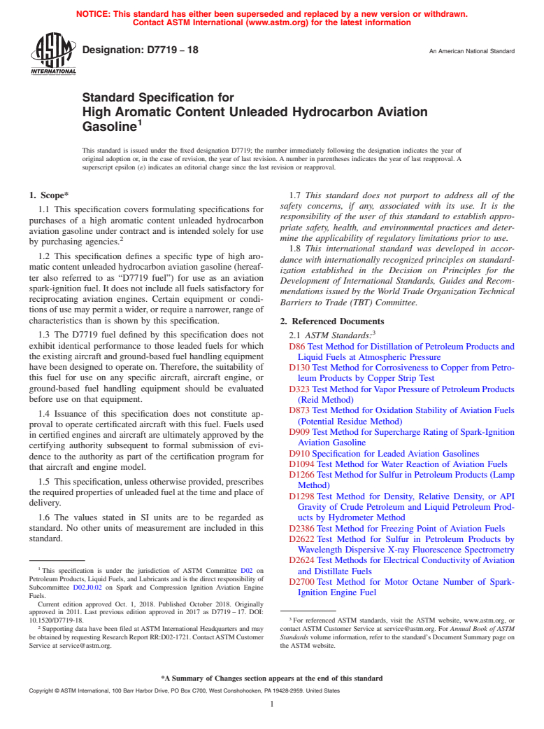 ASTM D7719-18 - Standard Specification for  High Aromatic Content Unleaded Hydrocarbon Aviation Gasoline