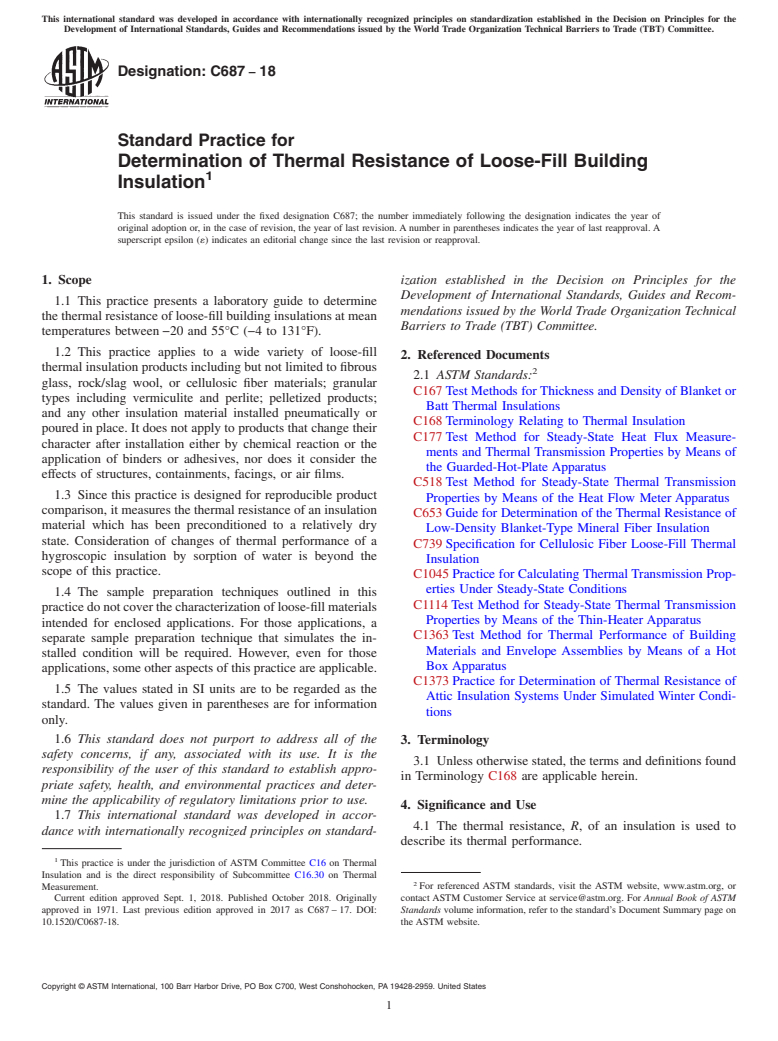 ASTM C687-18 - Standard Practice for Determination of Thermal Resistance of Loose-Fill Building  Insulation