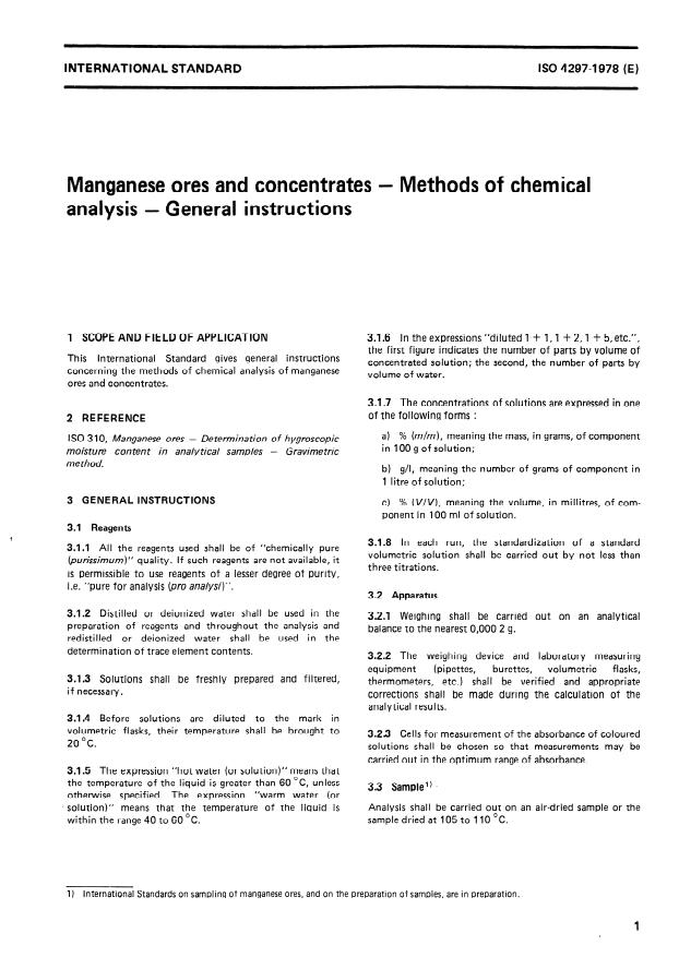 ISO 4297:1978 - Manganese ores and concentrates -- Methods of chemical analysis -- General instructions