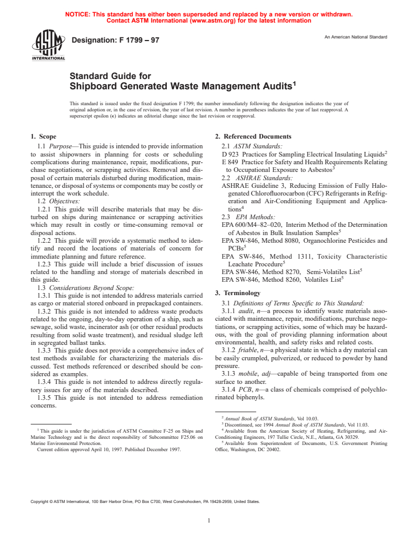 ASTM F1799-97 - Standard Guide for Shipboard Generated Waste Management Audits