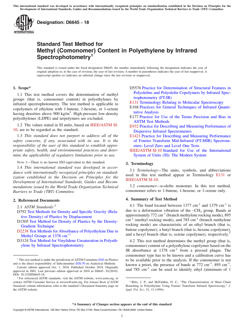 ASTM D6645-18 - Standard Test Method for Methyl (Comonomer) Content in Polyethylene by Infrared Spectrophotometry
