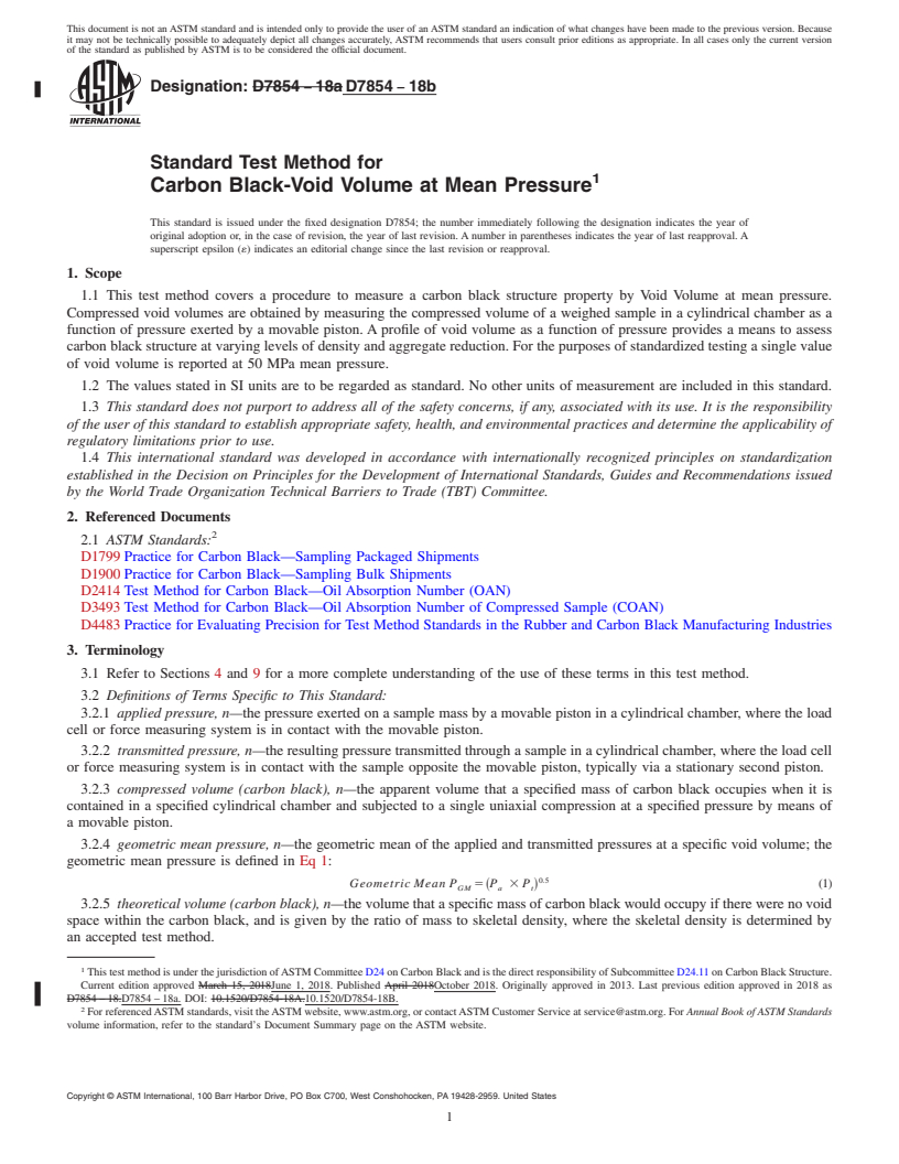 REDLINE ASTM D7854-18b - Standard Test Method for Carbon Black-Void Volume at Mean Pressure