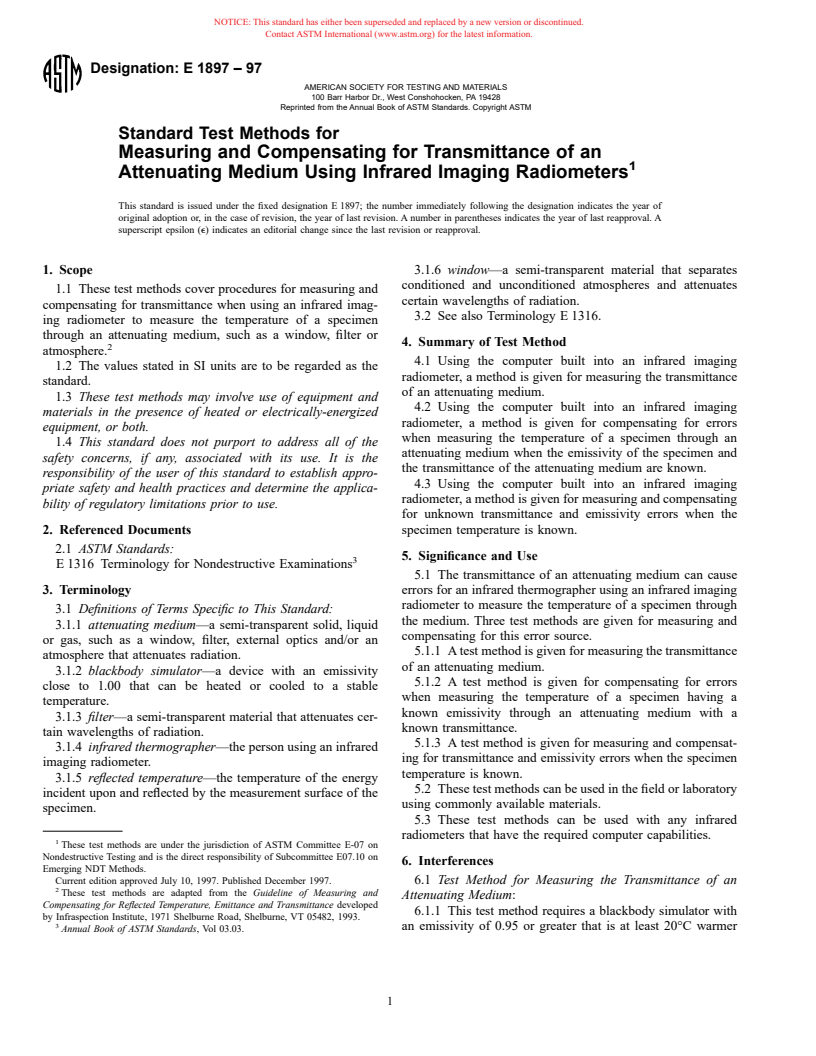 ASTM E1897-97 - Standard Test Methods for Measuring and Compensating for Transmittance of an Attenuating Medium Using Infrared Imaging Radiometers