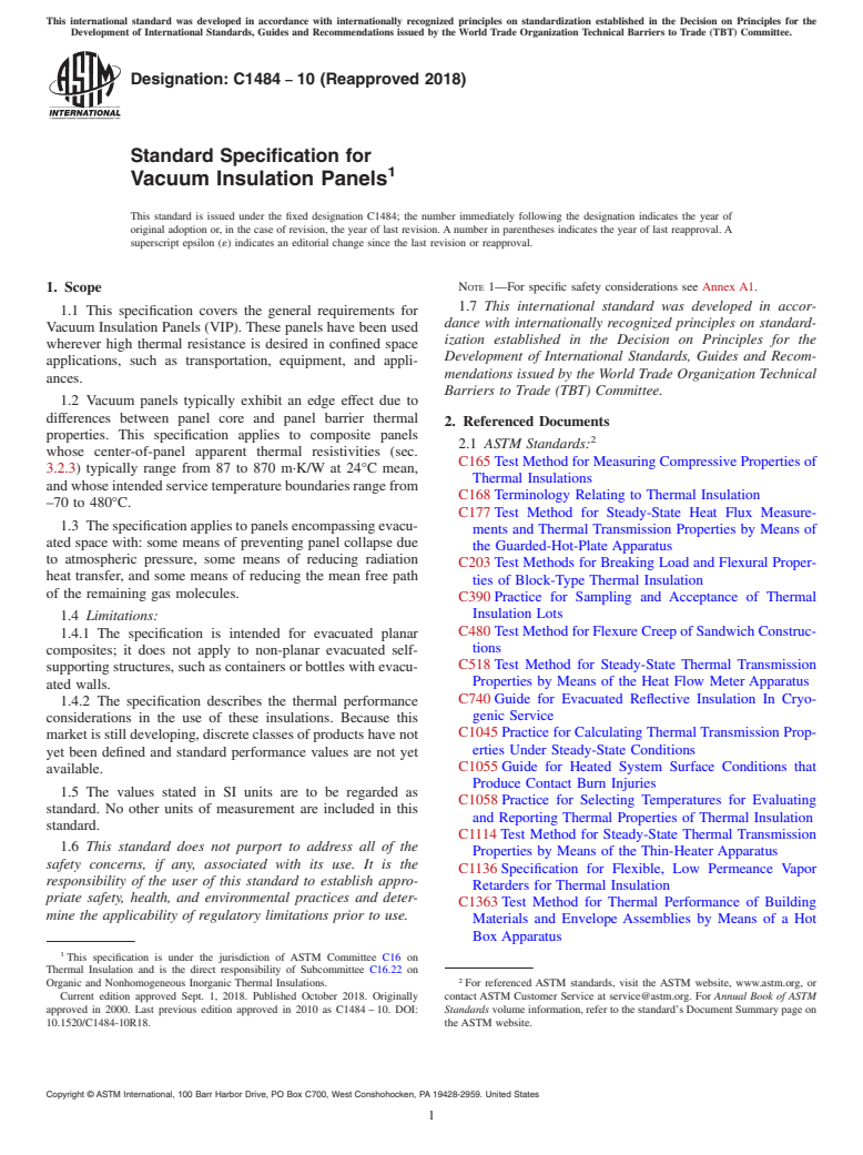 ASTM C1484-10(2018) - Standard Specification for  Vacuum Insulation Panels