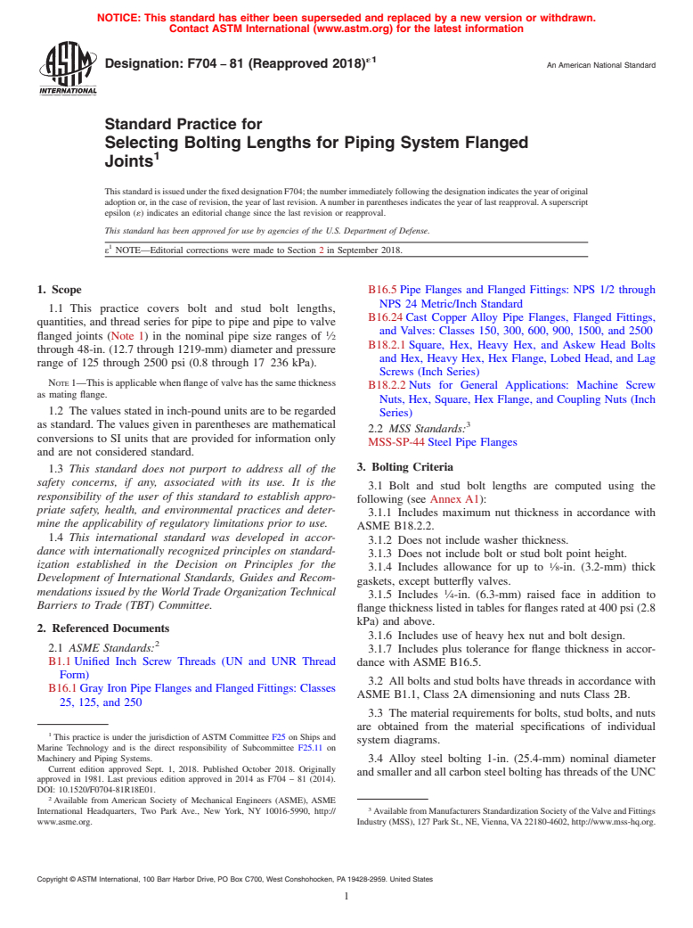 ASTM F704-81(2018)e1 - Standard Practice for  Selecting Bolting Lengths for Piping System Flanged Joints