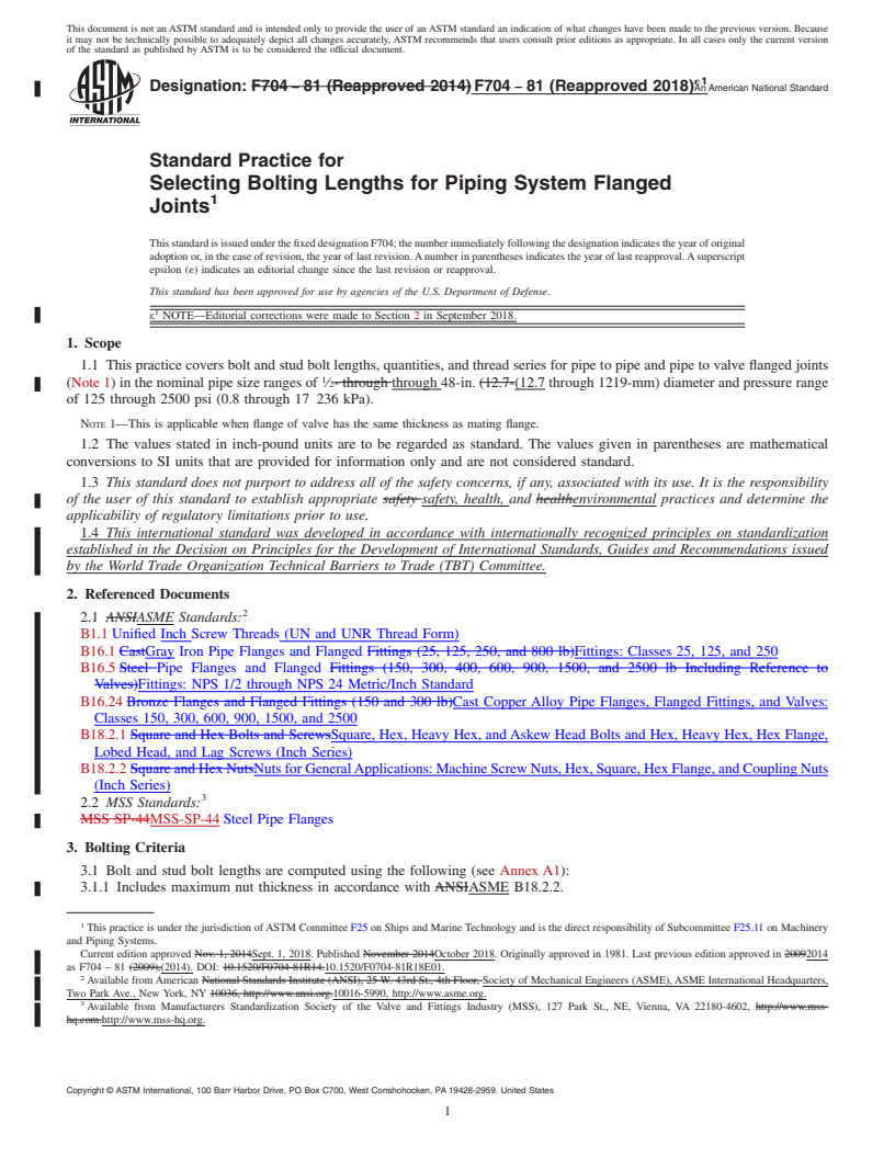 REDLINE ASTM F704-81(2018)e1 - Standard Practice for  Selecting Bolting Lengths for Piping System Flanged Joints