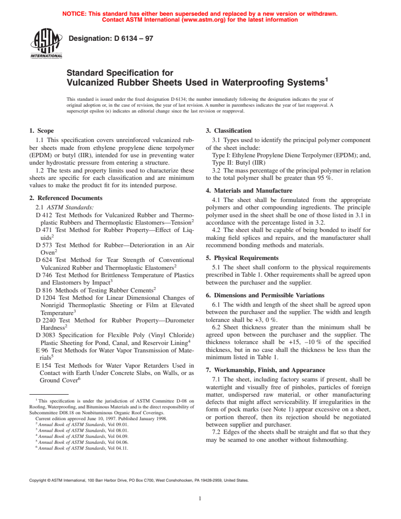 ASTM D6134-97 - Standard Specification for Vulcanized Rubber Sheets Used in Waterproofing Systems