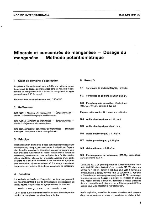 ISO 4298:1984 - Minerais et concentrés de manganese -- Dosage du manganese -- Méthode potentiométrique