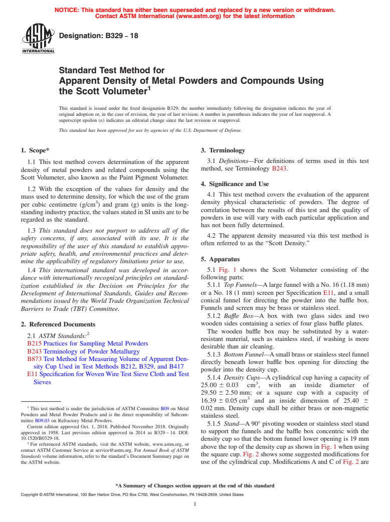 ASTM B329-18 - Standard Test Method for  Apparent Density of Metal Powders and Compounds Using the Scott  Volumeter